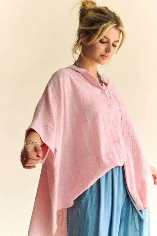 Pink Rhinestone Pleat Back Short Sleeve Loose Fit Shirt - Tigbul's Variety Fashion Shop