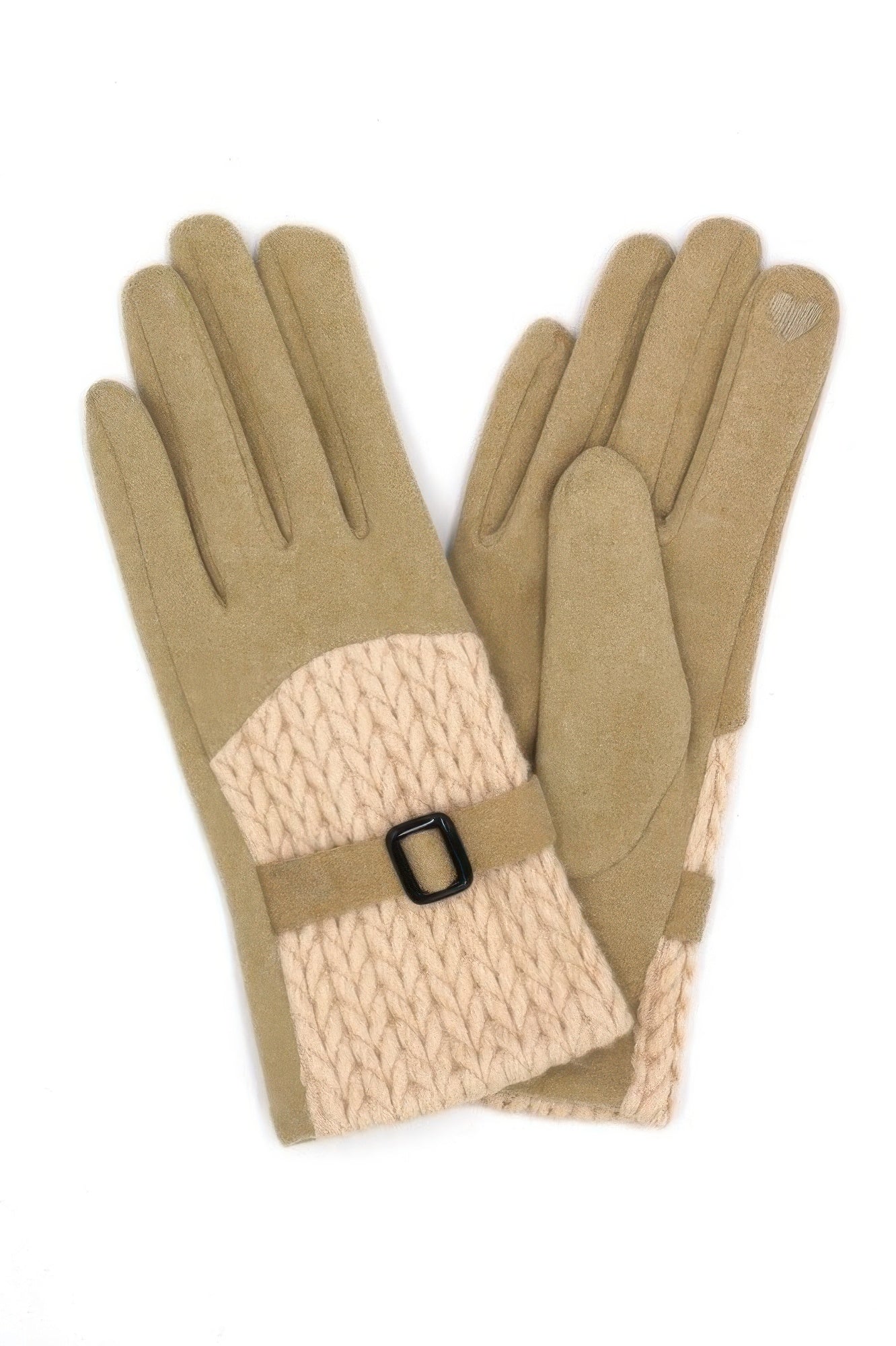 Beige gloves with cable-knit cuff, contrast knit band, and square buckle strap
