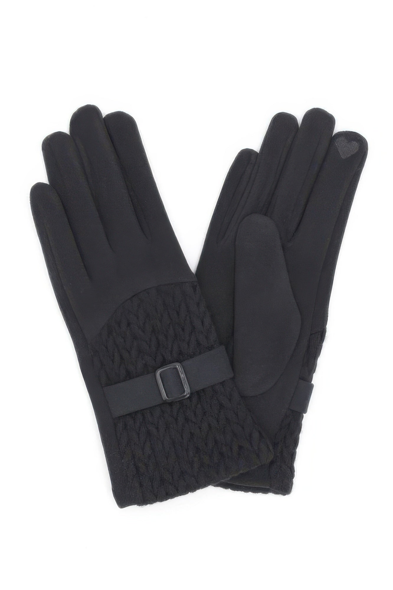 Black gloves with cable-knit cuff and square buckle strap
