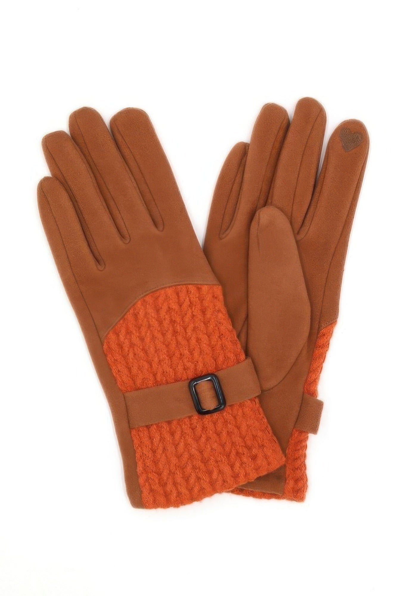 Rust brown gloves with orange cable-knit cuff and square buckle strap