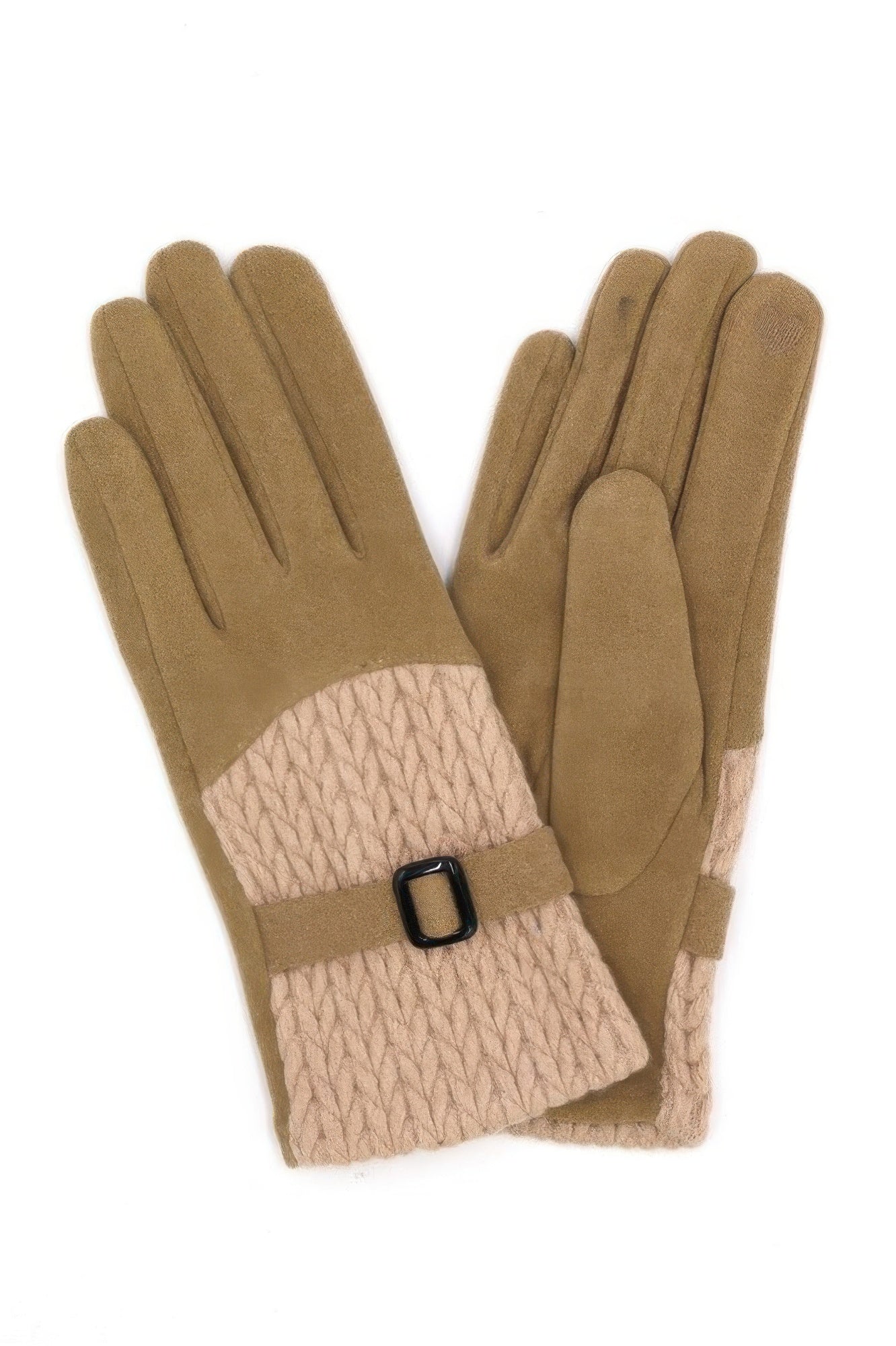 Taupe gloves with cable-knit cuff, contrast knit band, and square buckle strap
