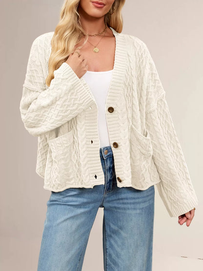 Cable Knit Button-Down Cardigan - Tigbul's Variety Fashion Shop