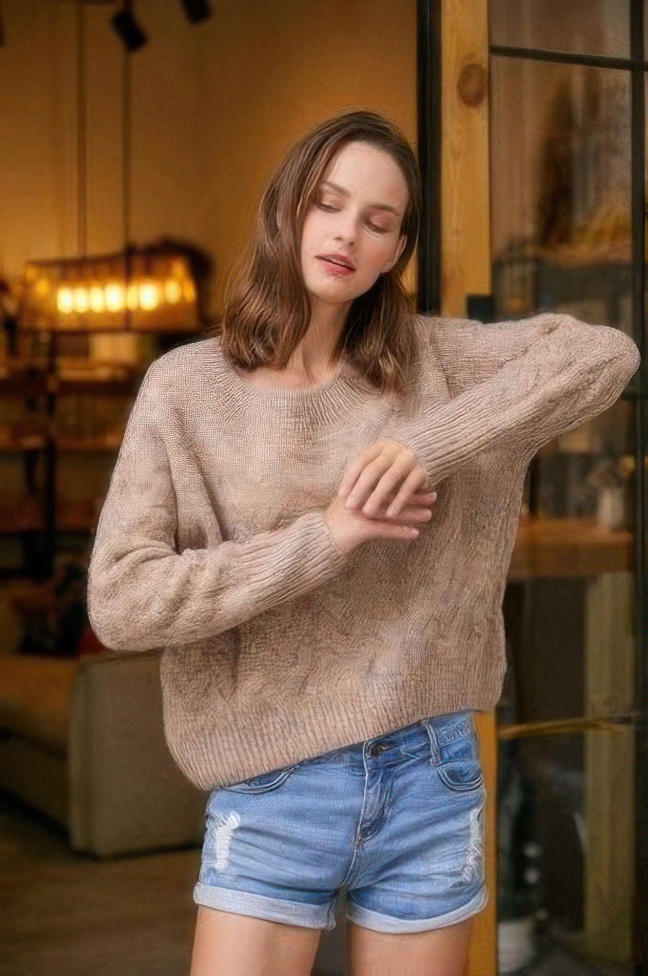 Cable knit sweater mit Rundhalsausschnitt und langen Ärmeln, hellbeige