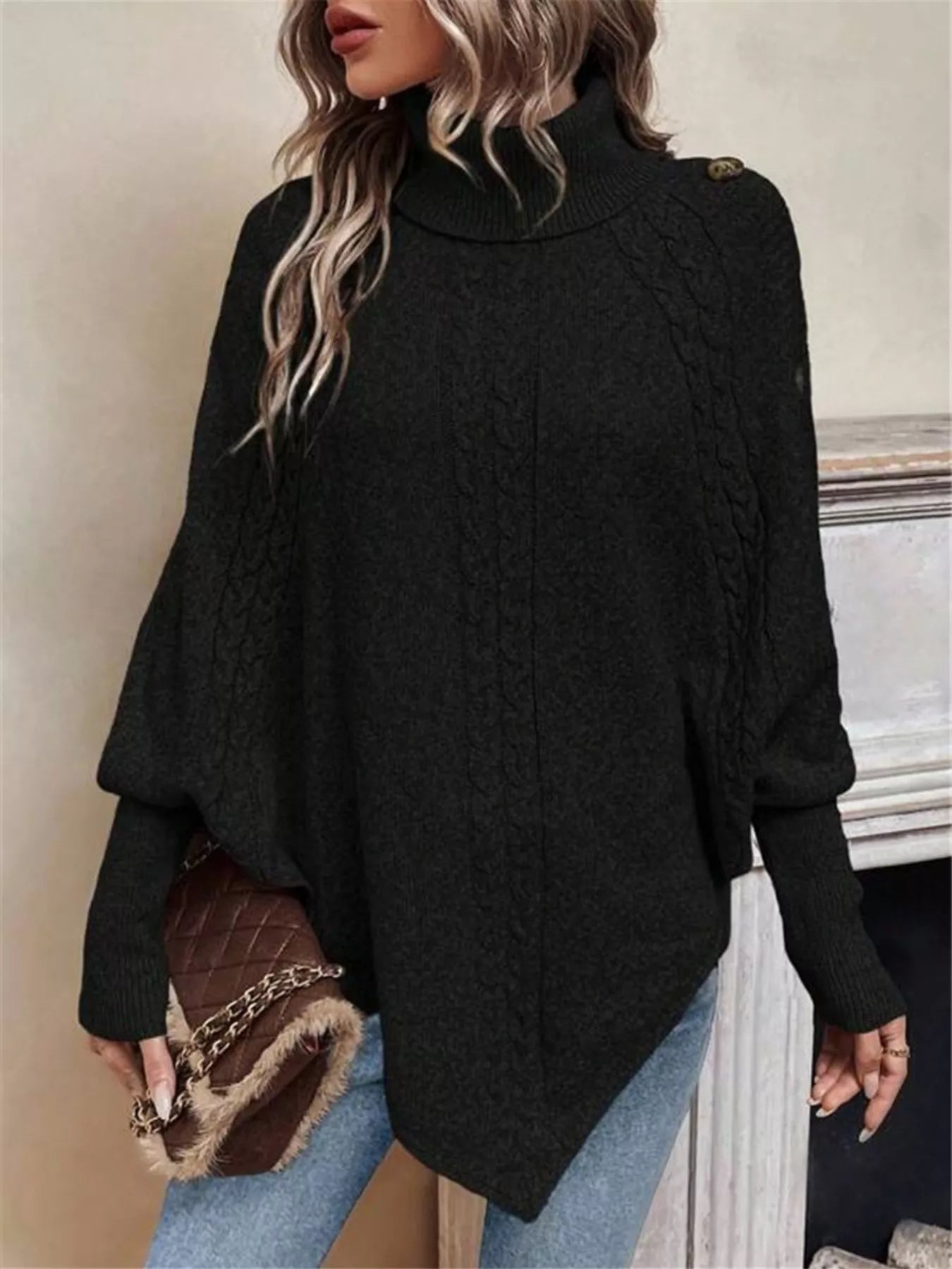 Cable Knit Turtleneck Cape Sweater - Tigbul's Variety Fashion Shop