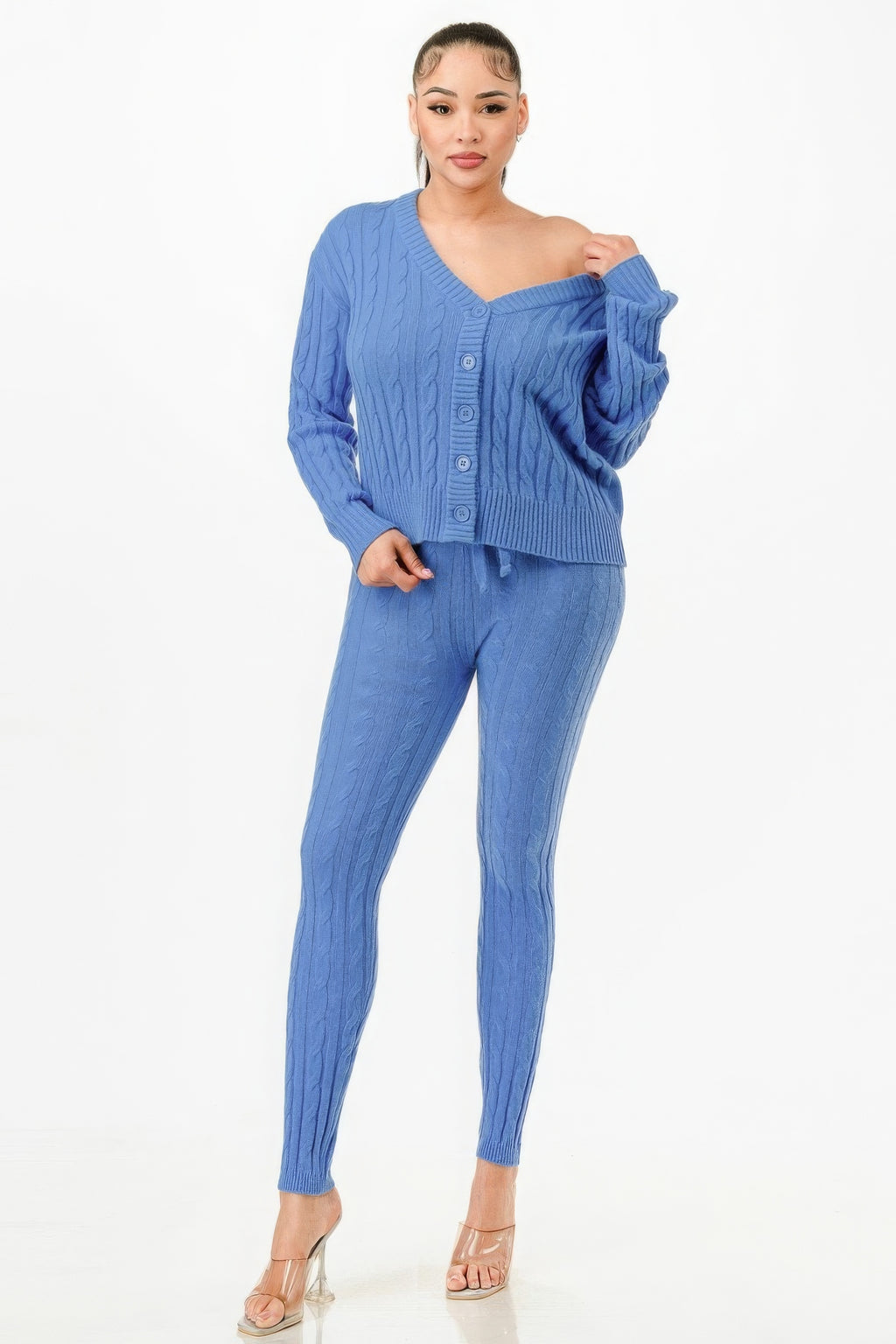 Cable knit cardigan con botones y pantalón a juego, azul, conjunto 2 piezas.