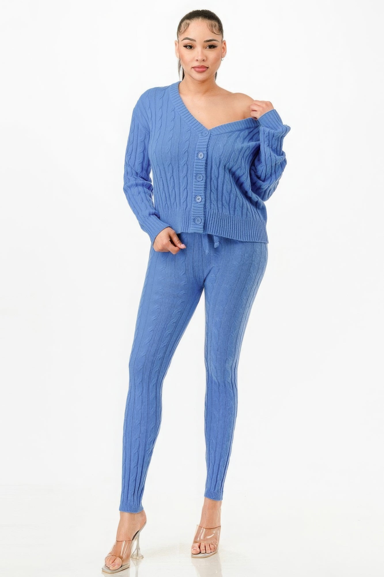 Cable knit cardigan con botones y pantalón a juego, azul, conjunto 2 piezas.
