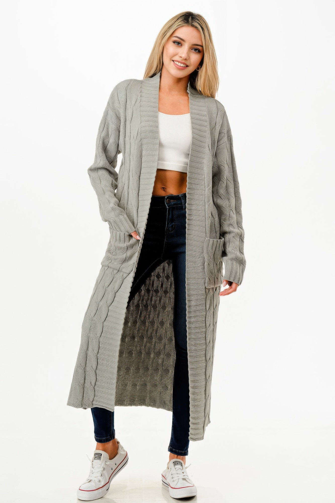 Cable knit long cardigan in natural grey, open front with side pockets.