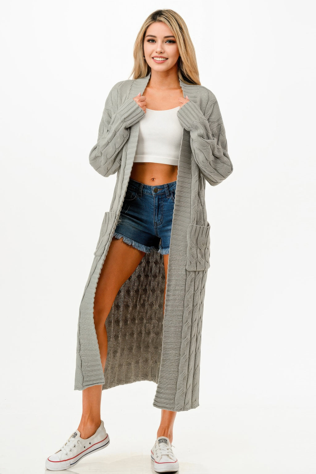 Natural grey cable long cardigan with chunky cable pattern and open front.