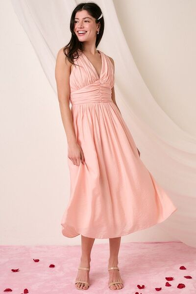 Blush Ruched V-Neck Sleeveless Midi Dress - Tigbul's Variety Fashion Shop