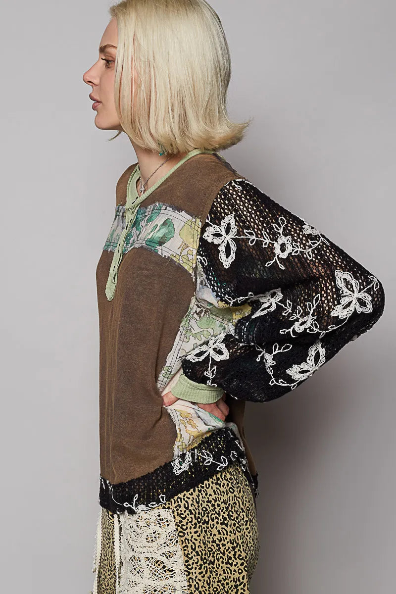 POL Button Detail Floral Patchwork Crochet Sleeve Blouse - Tigbul's Variety Fashion Shop
