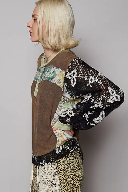 POL Button Detail Floral Patchwork Crochet Sleeve Blouse - Tigbul's Variety Fashion Shop