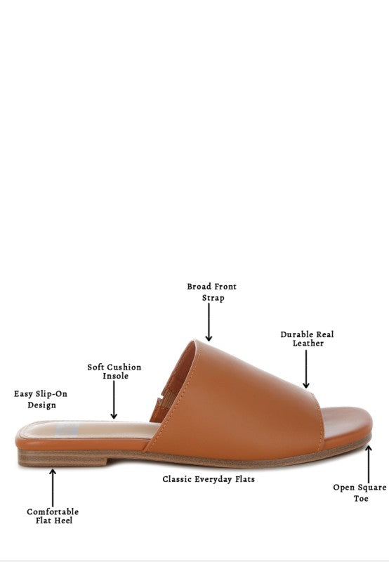 Tan everyday slip-on flats with cushioned insole and open square toe