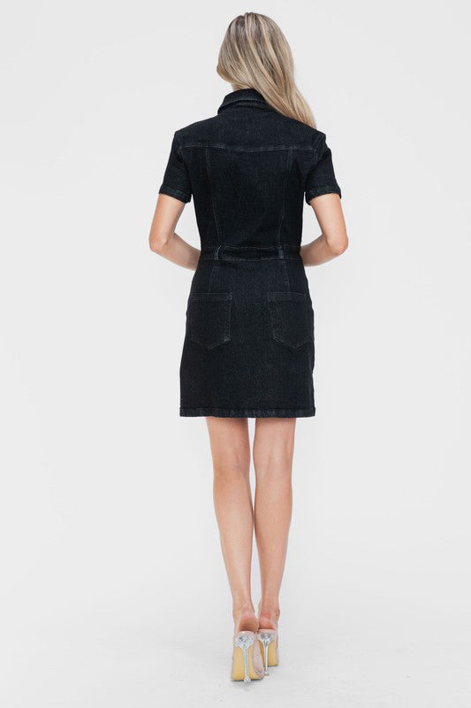 Black Embellished Button Down Short Sleeve Denim Dress - Tigbul's Variety Fashion Shop
