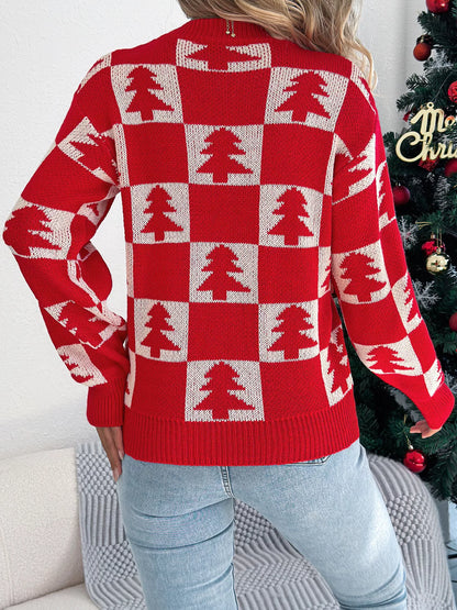 Christmas Tree Checkerboard Pattern Sweater - Tigbul's Variety Fashion Shop