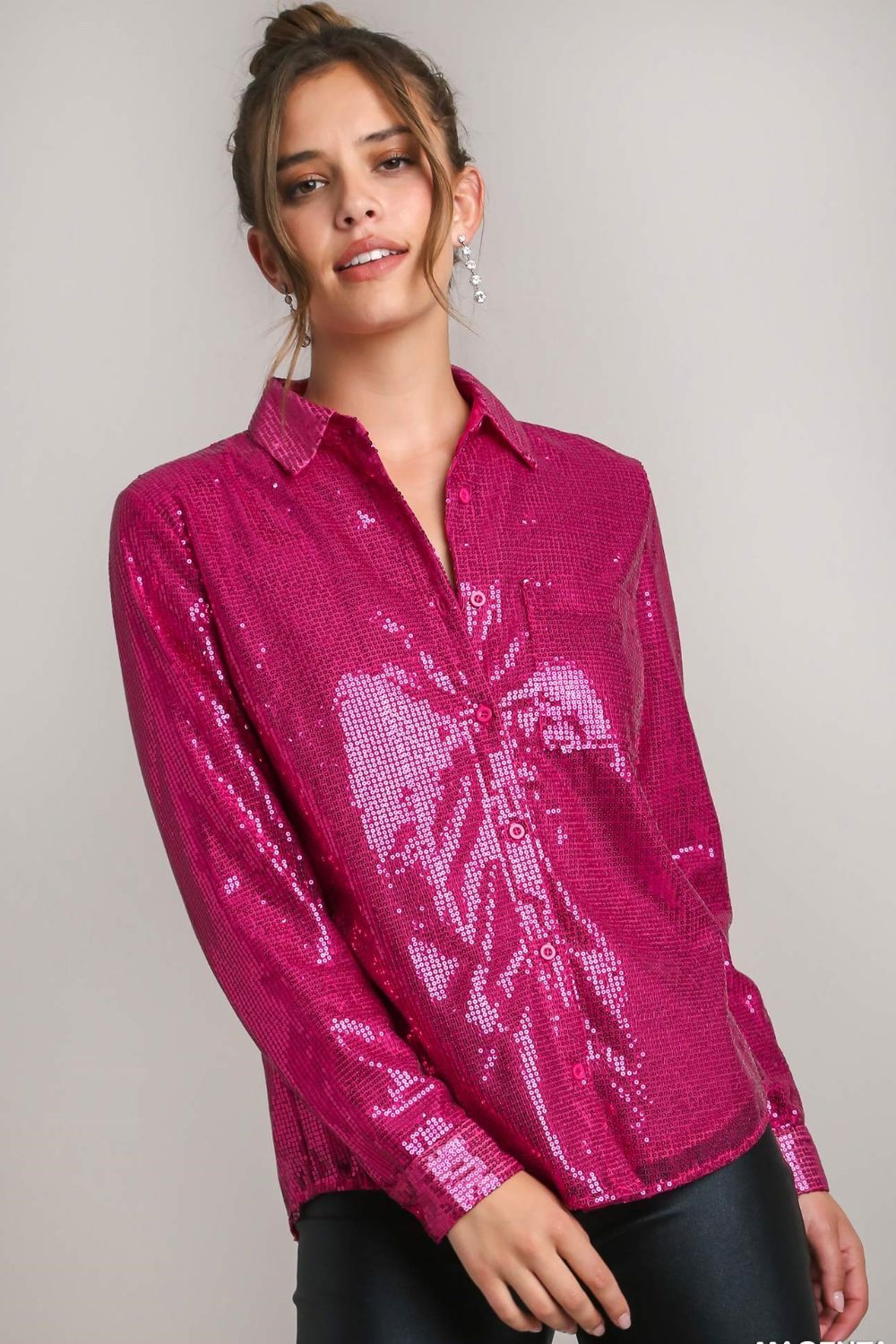 Umgee Sequin Long Sleeve Shirt with Side Chest Pocket - Tigbul's Variety Fashion Shop