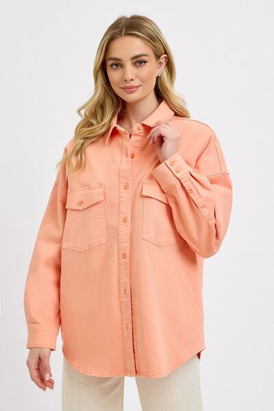 Pink Button Down Long Sleeve Denim Shacket | Tigbuls