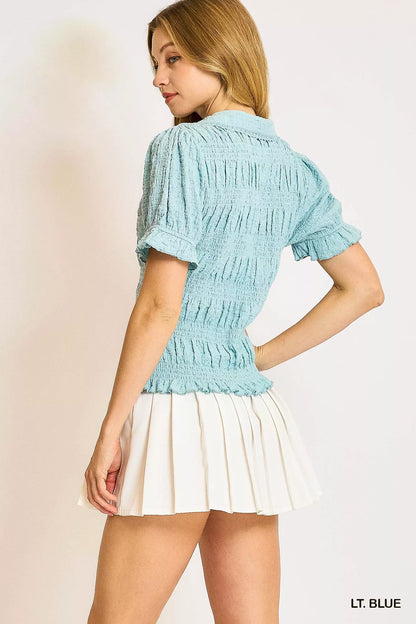 Umgee Smocked Short Sleeve Button-Front Shirt with Peter Pan Collar - Tigbul's Variety Fashion Shop