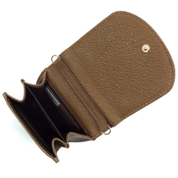 Calin flap cell phone crossbody bag in tan, open with card slip pockets inside