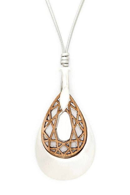 Carved Wood Metal Teardrop Pendant Necklace - Tigbul's Variety Fashion Shop