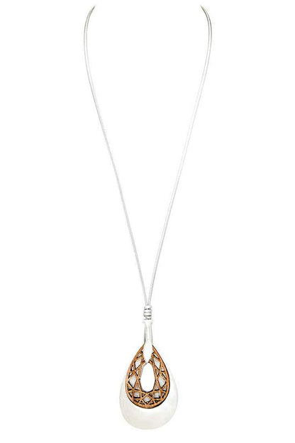 Carved Wood Metal Teardrop Pendant Necklace - Tigbul's Variety Fashion Shop