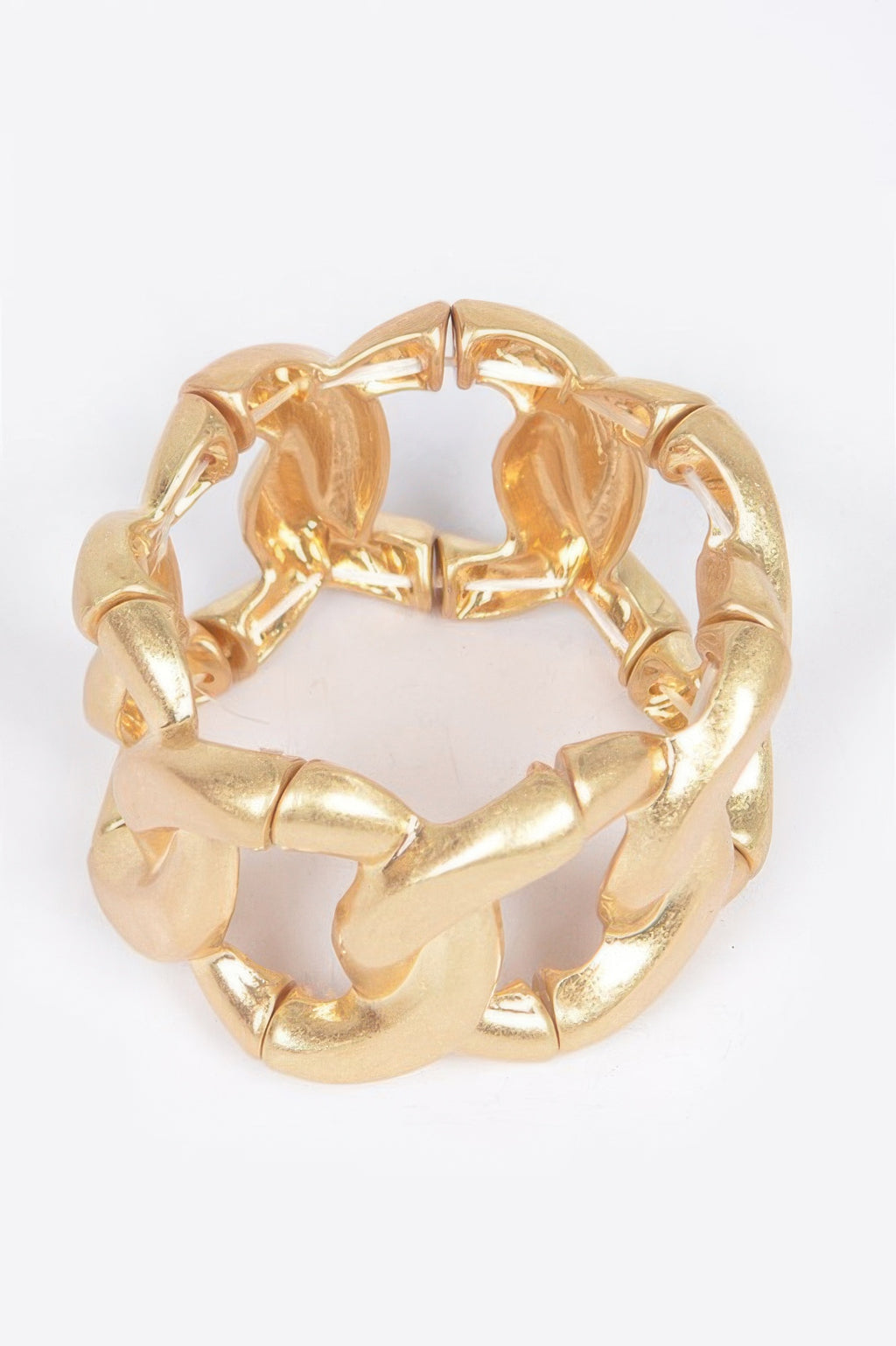 Gold hinged cuff with circular open links and spring hinge mechanism, polished