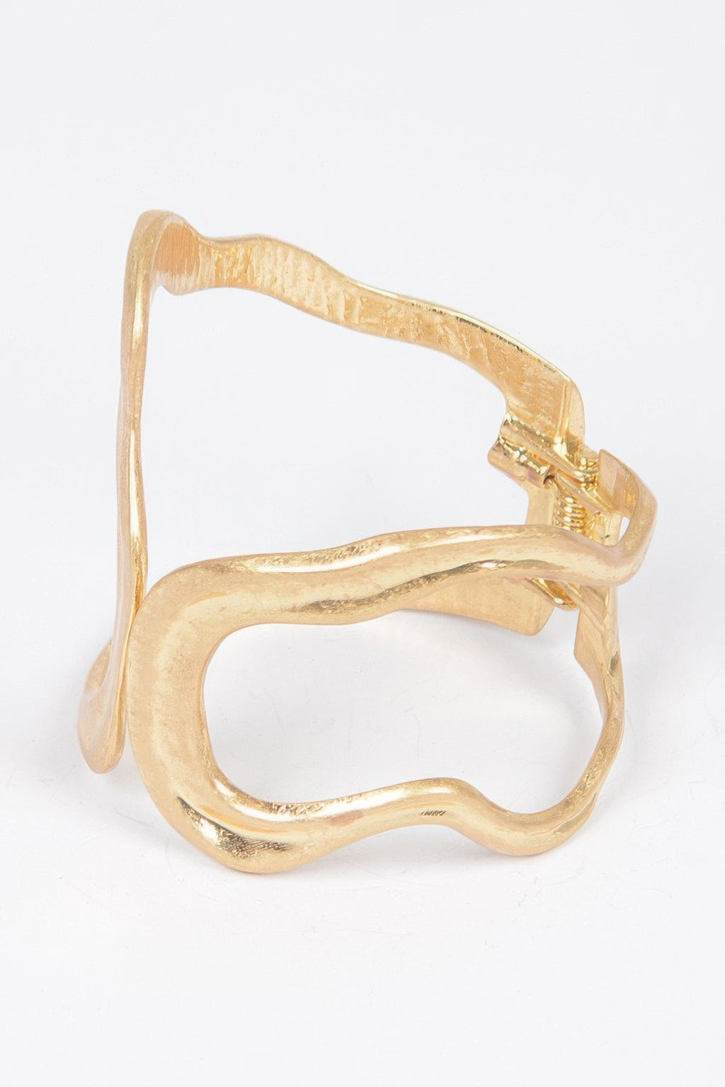 Gold open cuff bracelet, curved sculpted metal links with clasp detail