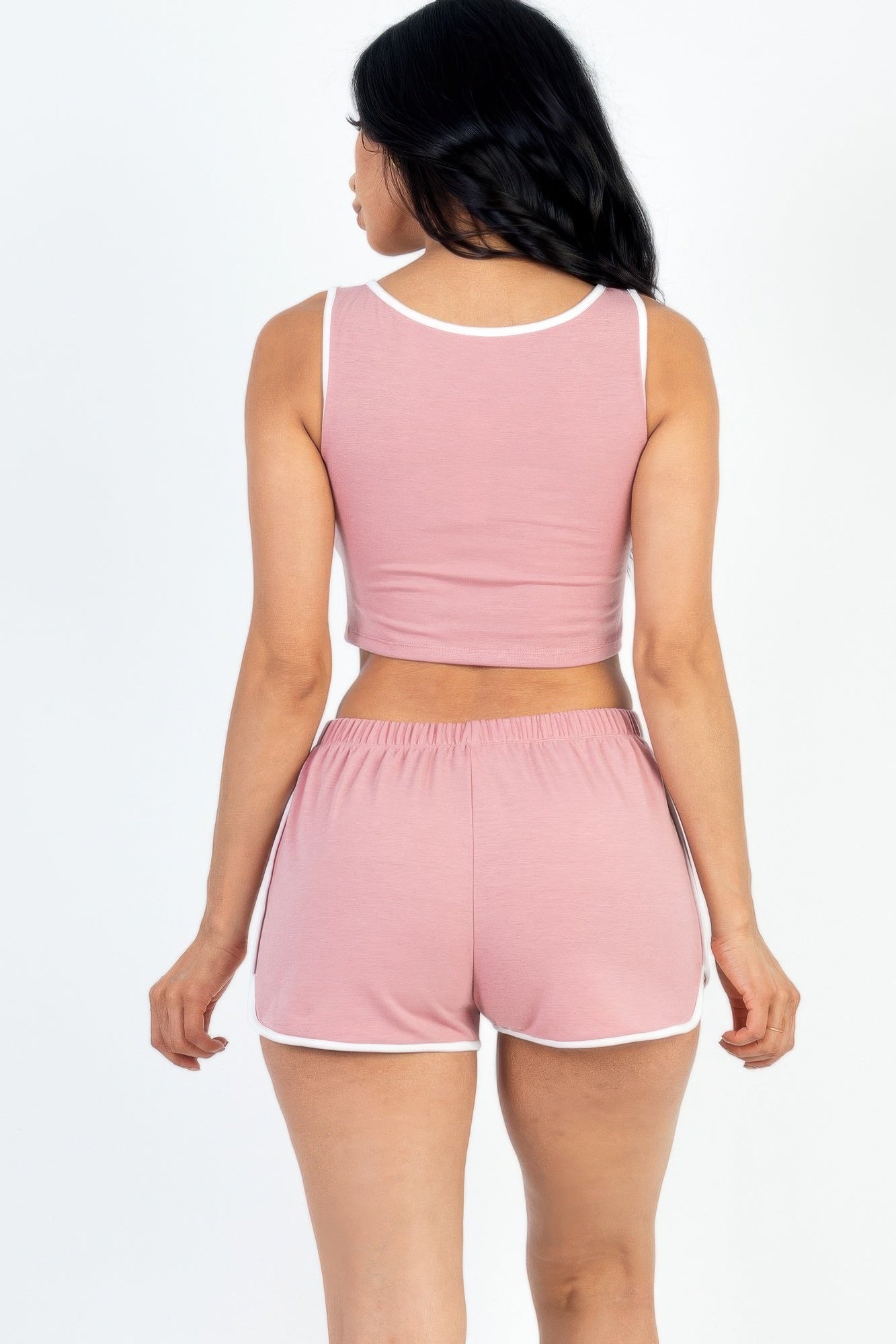 Rosa Tank-Top und Shorts-Set, ärmellos mit kontrastweißem Saum, gerader Rückenausschnitt
