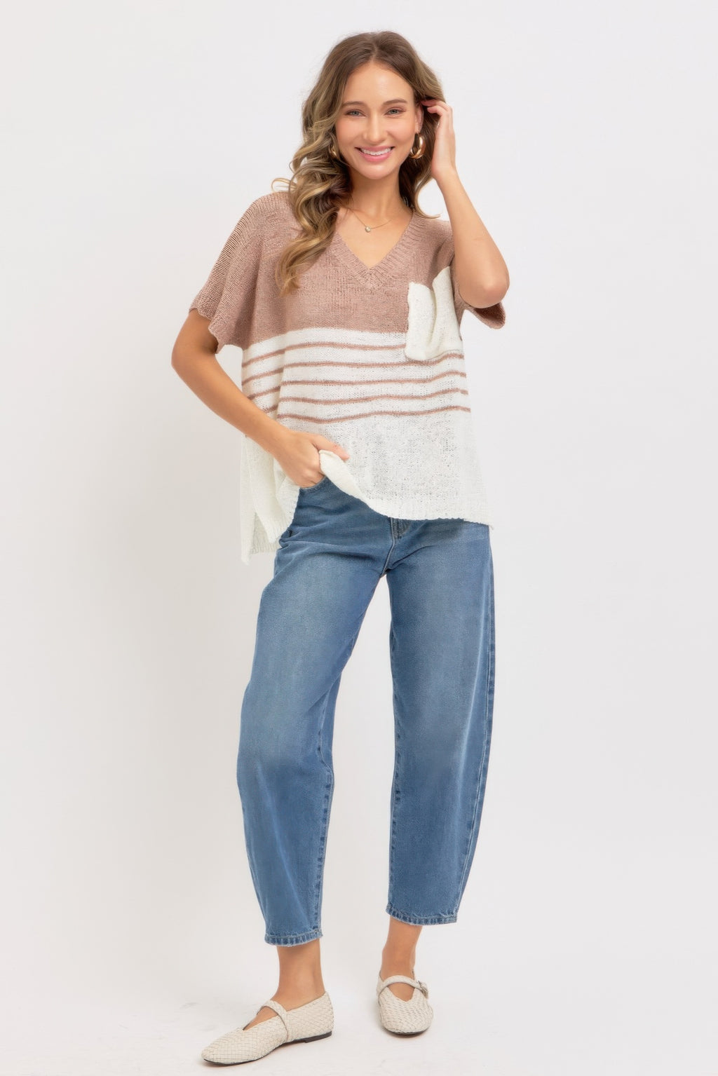 Casual oversized knit top, taupe knit with cream and rust stripes, V-neck