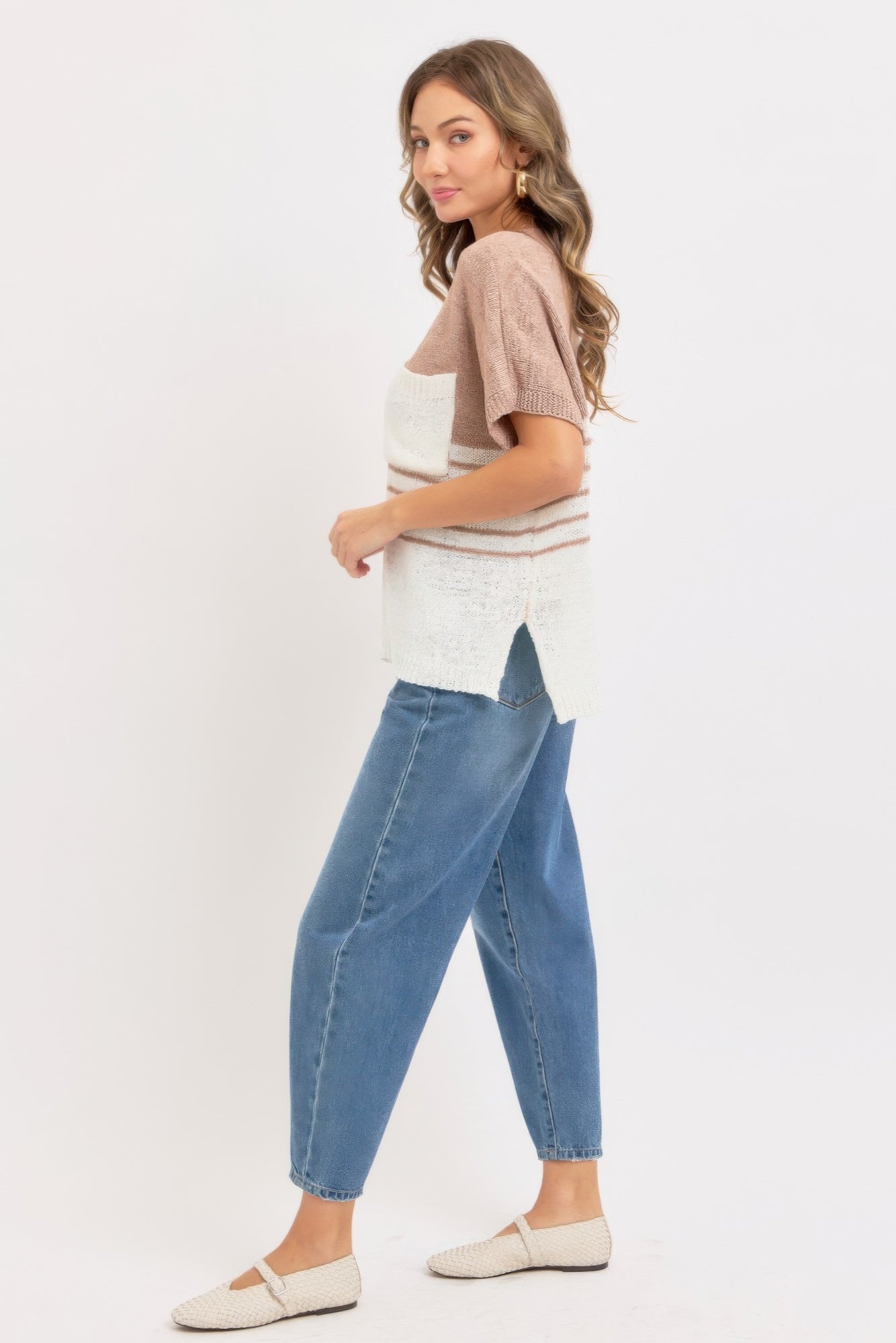 Casual oversized knit top, taupe short-sleeve V-neck with cream striped front