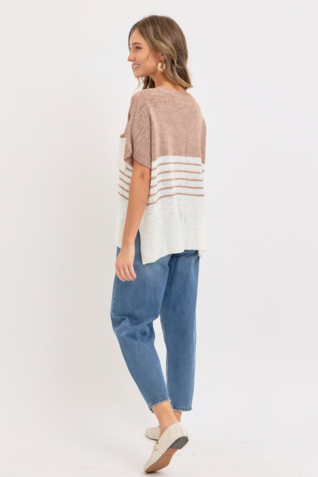 Casual oversized knit top, taupe back with cream panel and horizontal stripes