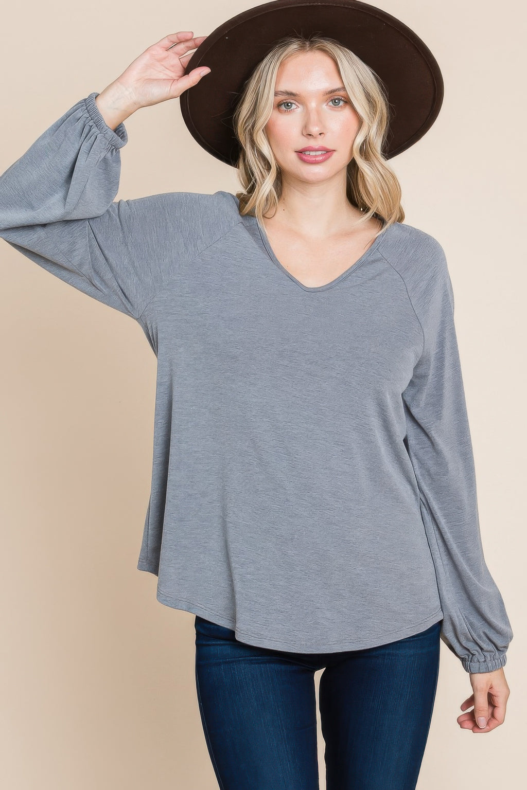 Grey long-sleeve V-neck basic top with gathered cuffs and draped body