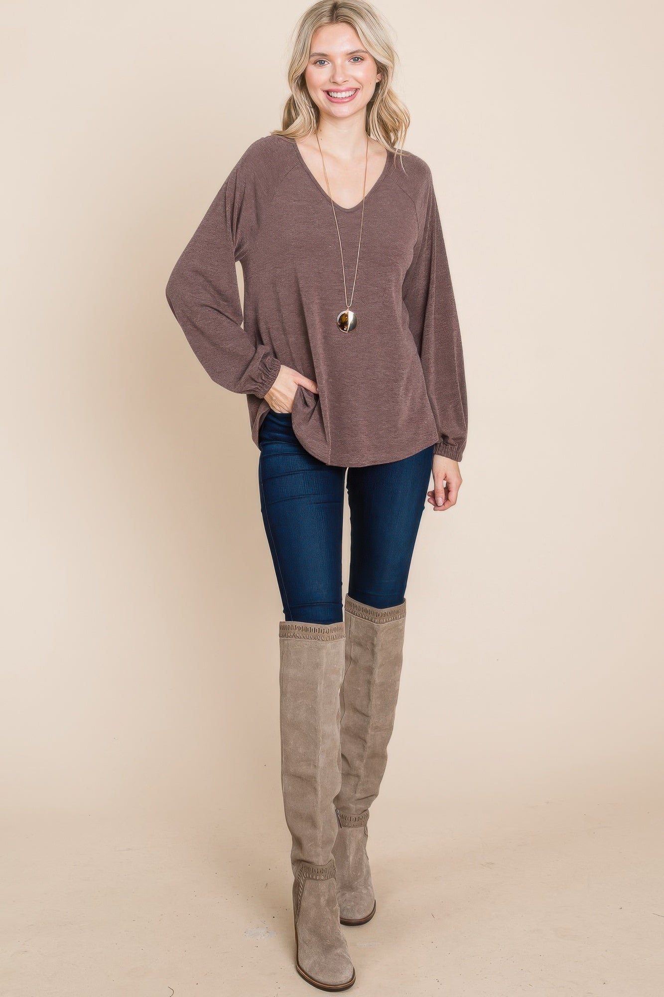Dark brown V-neck long sleeve tunic top, side drape and gathered cuffs