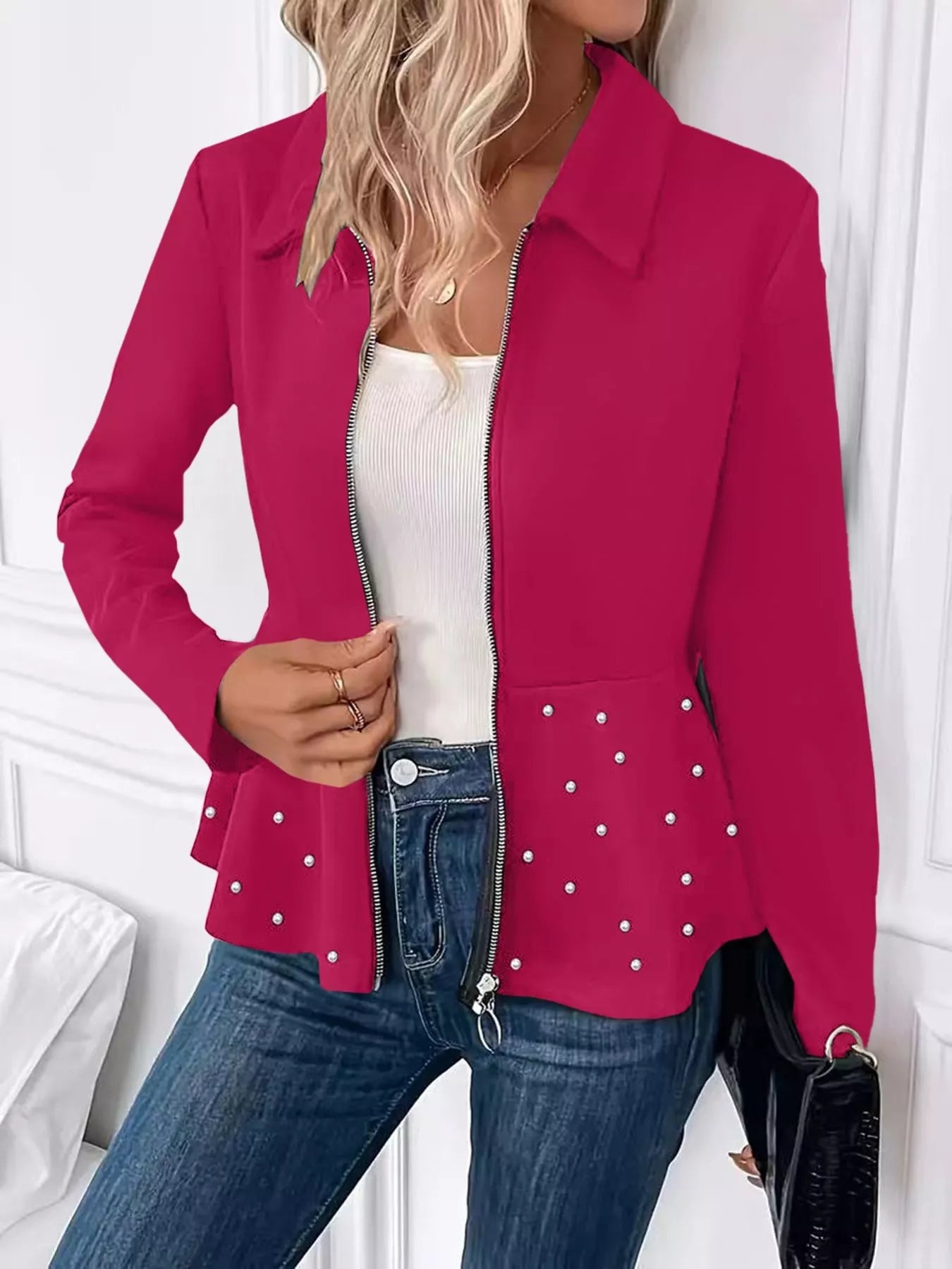 Pearl Embellished Zip-Up Peplum Outerwear - Tigbul's Variety Fashion Shop