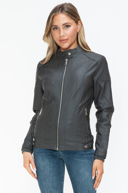 Charcoal Faux Leather Biker Jacket with Side Zip Pockets