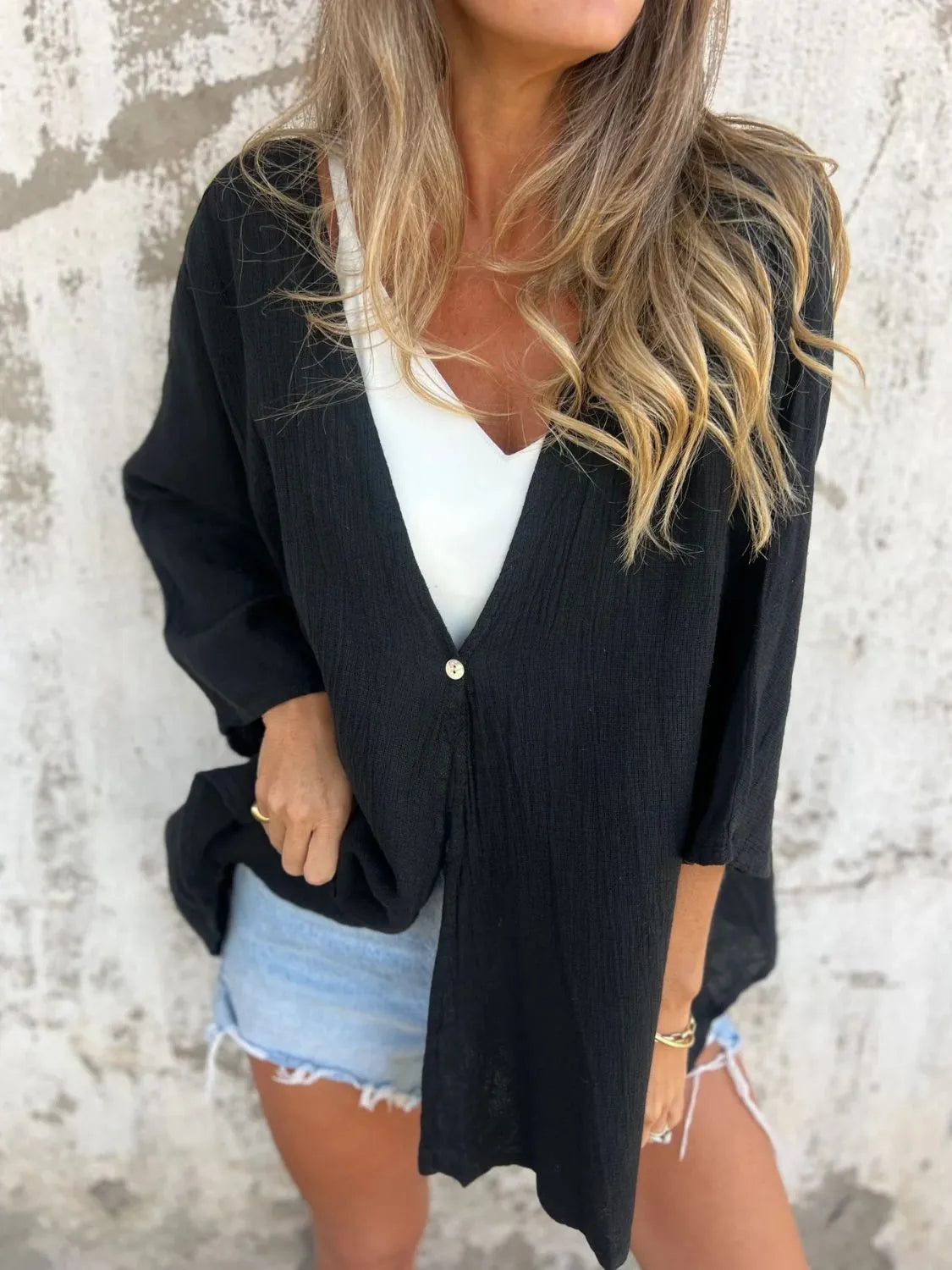 Full Size One Button Long Sleeve Shirt - Tigbul's Variety Fashion Shop