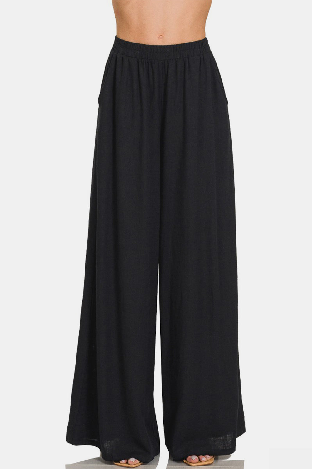 Zenana Black Pleated Linen Blend Wide Leg Pants - Tigbul's Variety Fashion Shop