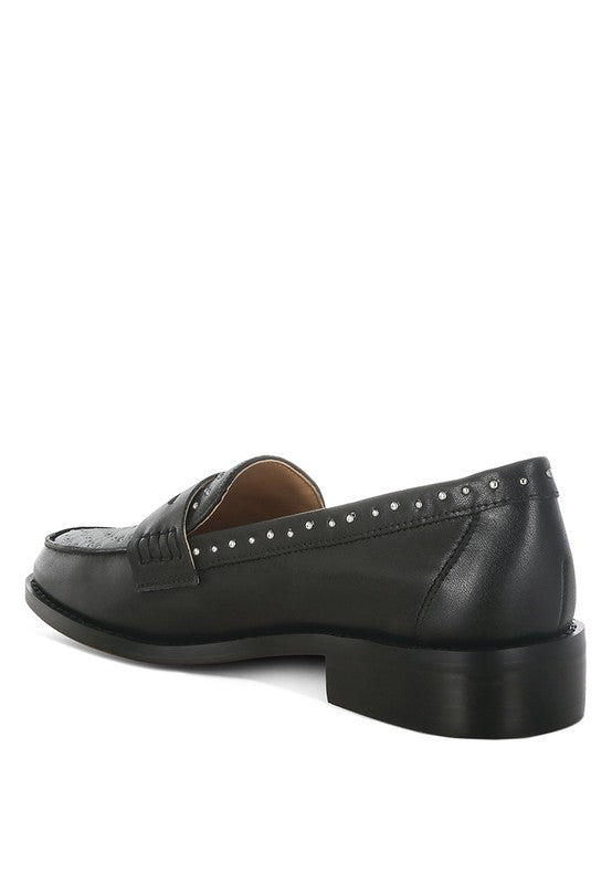 Raisa Stud Embellished Genuine Leather Penny Loafers | Tigbuls