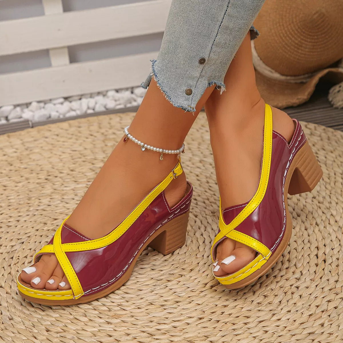 Yellow-trimmed burgundy open toe block heel sandals with ankle strap and buckle