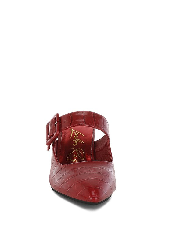 Dk Red croc mules with buckle strap detail and pointed toe, back view