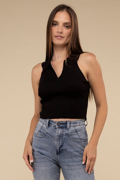 Sleeveless Collared Crop Knit Top - Tigbul's Variety Fashion Shop