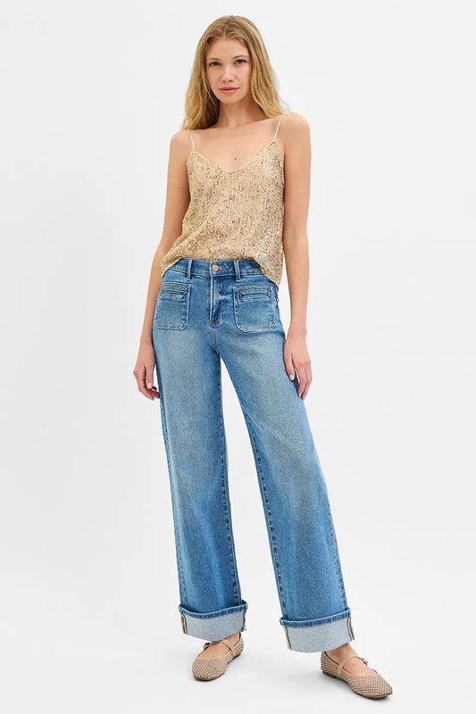 RISEN Elastic Band Mid Rise Wide Front Patch Pocket Cuff Jeans - Tigbul's Variety Fashion Shop