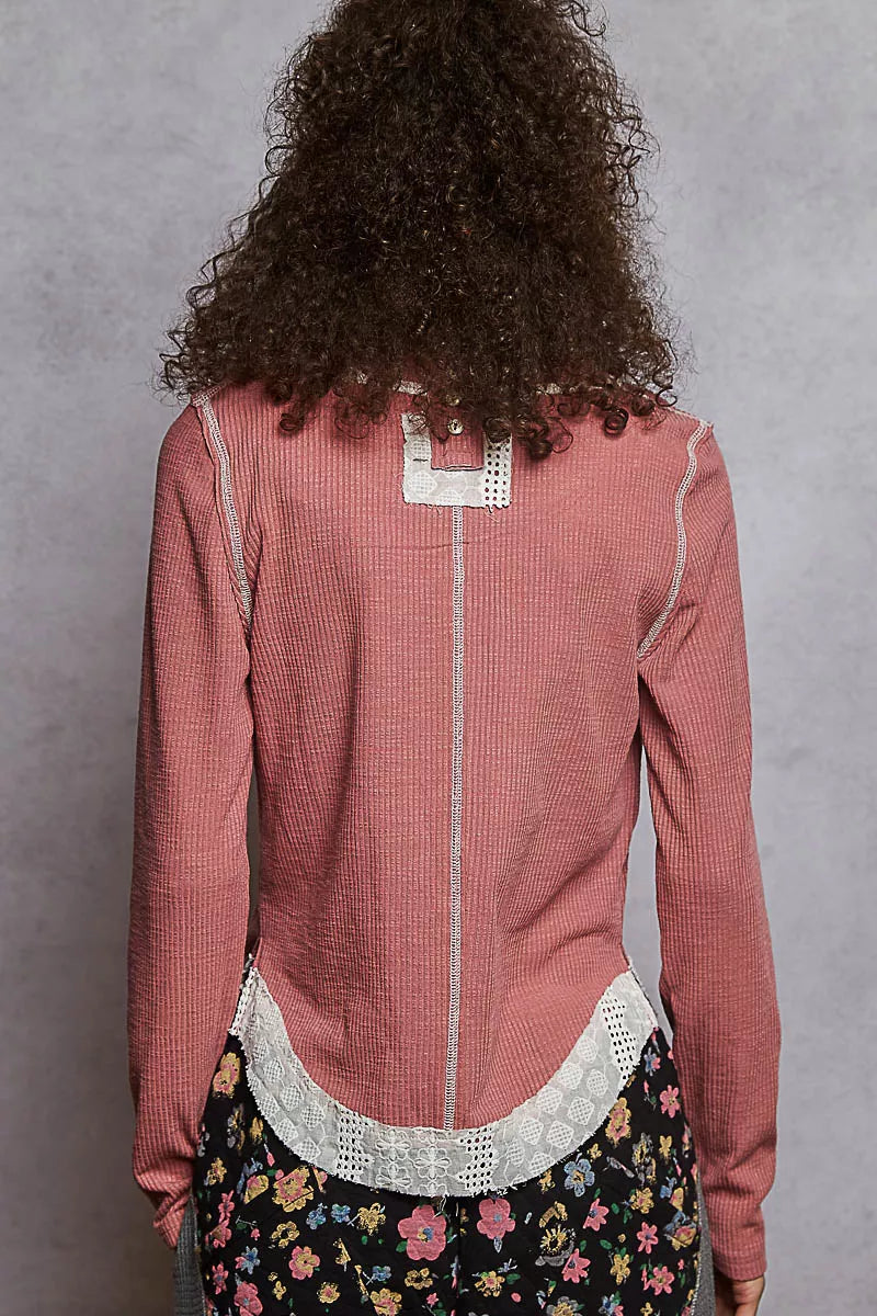 POL Contrast Round Neck Long Sleeve Ribbed Top with Eyelet Patch - Tigbul's Variety Fashion Shop