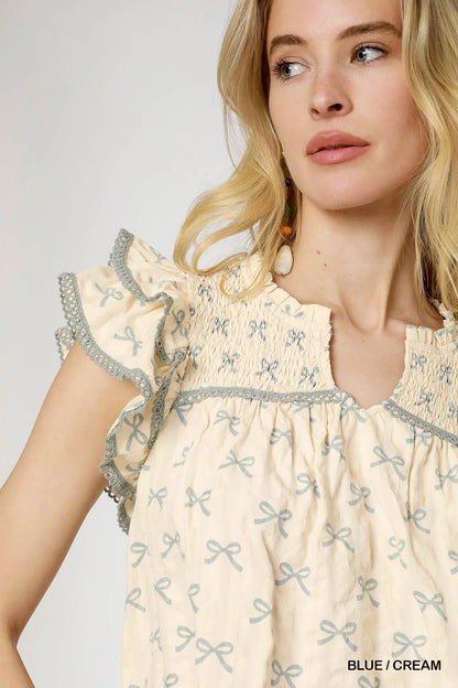 Umgee Bow Print Ruffled Cap Sleeve Mini Dress - Tigbul's Variety Fashion Shop