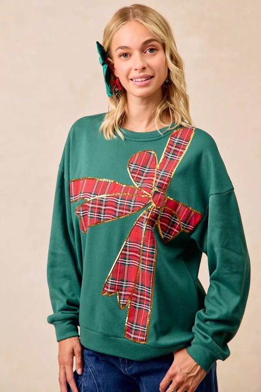 Plaid Ribbon Bow Detail Christmas Fleece Pullover Sweater - Tigbul's Variety Fashion Shop