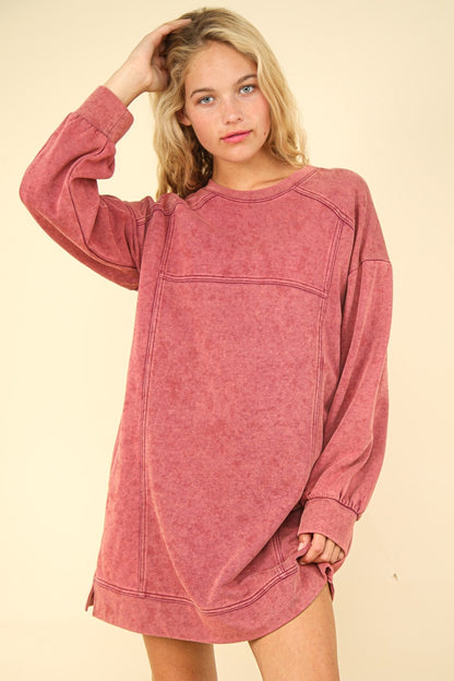 VERY J Mineral Washed Oversized Sweatshirt Mini Dress - Tigbul's Variety Fashion Shop