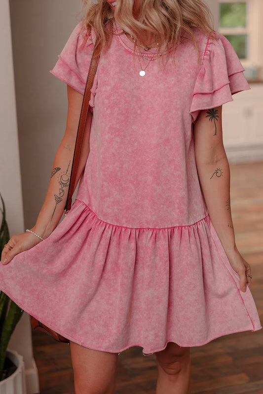 Pink Mineral Wash Raw Edge Ruffle Mini Dress - Tigbul's Variety Fashion Shop