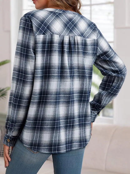Plaid Half Button Long Sleeve Blouse - Tigbul's Variety Fashion Shop