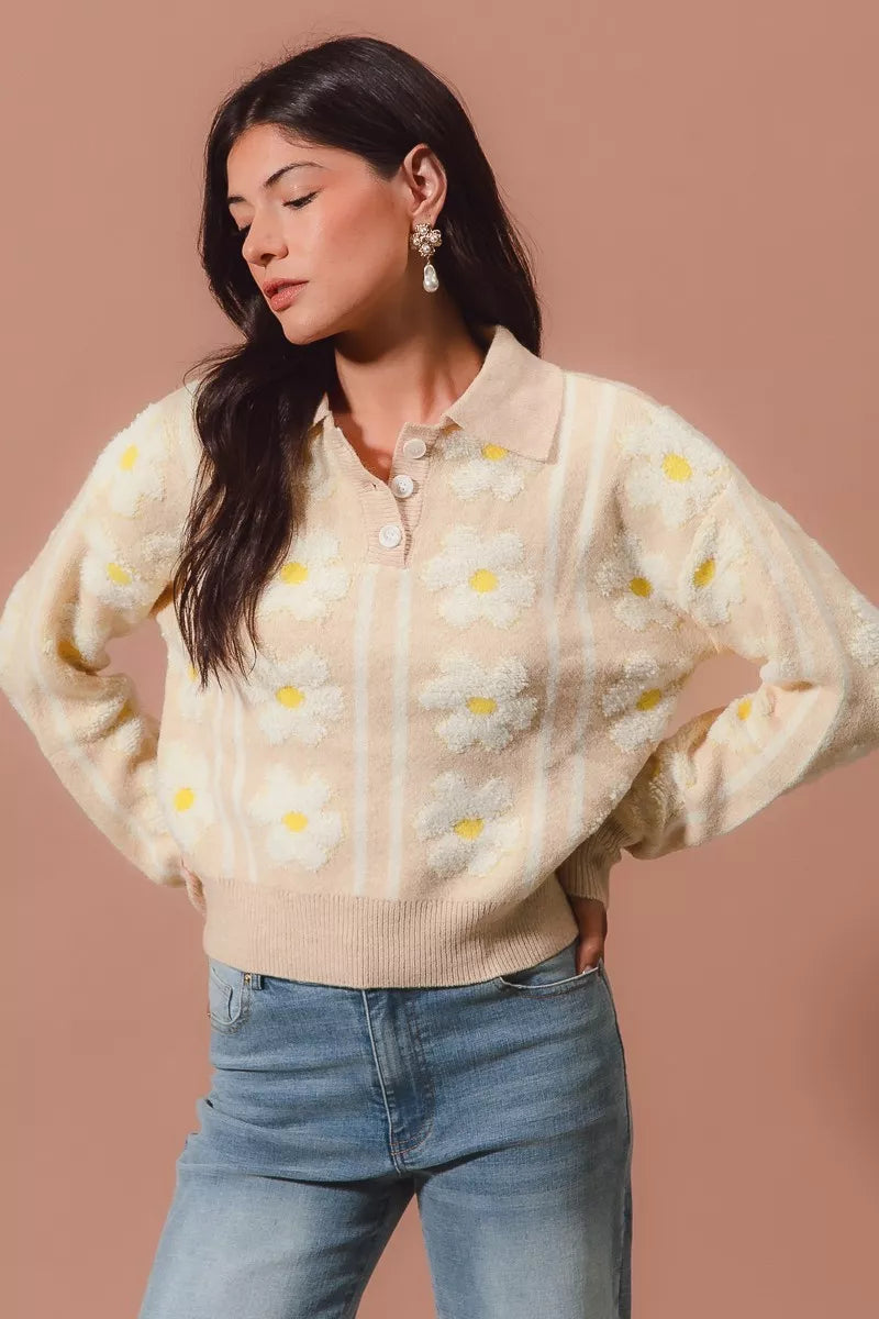 Floral Stripe Polo Collar Sweater - Tigbul's Variety Fashion Shop