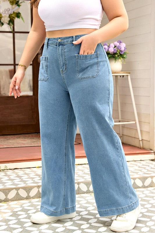 Plus Size Denim Textured Patch Pocket Jeans - Tigbul's Variety Fashion Shop