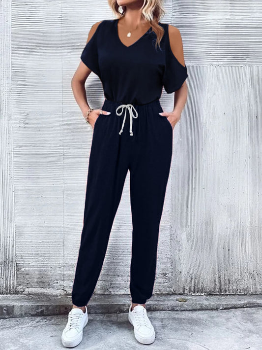 Size Medium V-Neck Cold-Shoulder Jumpsuit in Navy Blue - Tigbul's Variety Fashion Shop